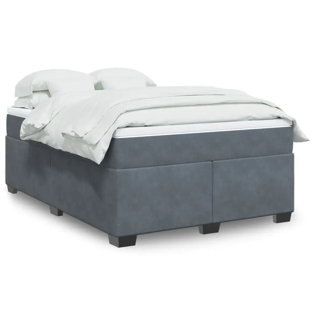 Grey Velvet Box Spring Bed with Pocket Spring Mattress Queen Size Bedroom