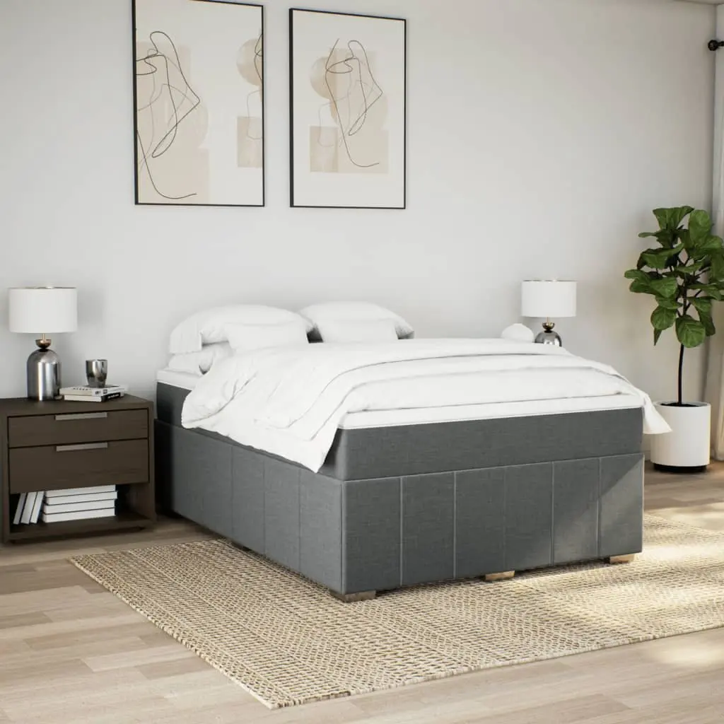 Box Spring Bed with Pocket Spring Mattress Queen Size Grey Fabric Frame