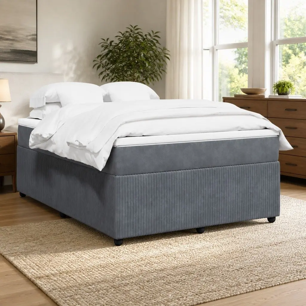 Queen Size Velvet Pocket Spring Mattress Bed Frame Grey Upholstered Box Spring