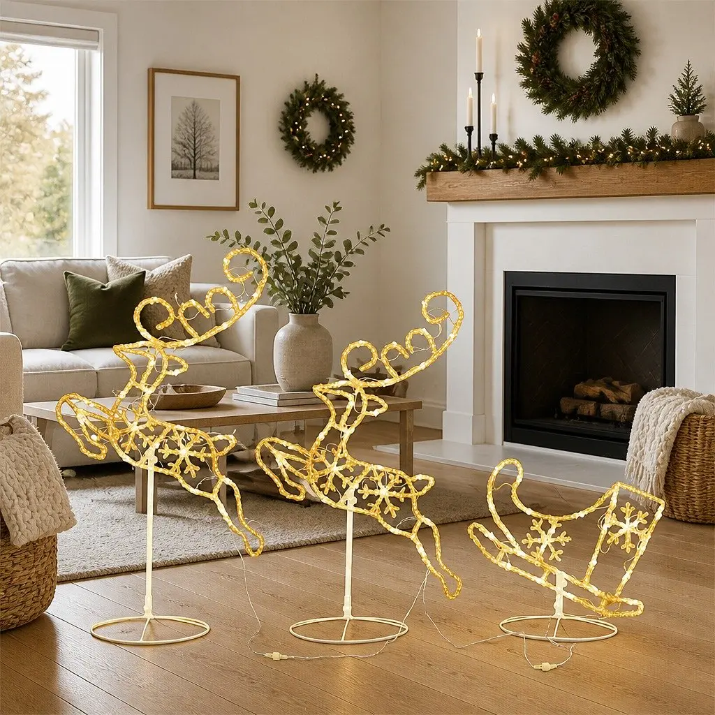 Flying Reindeer Sleigh LED Light Decoration Indoor Outdoor 260x21x87cm Warm White