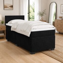 King Single Box Spring Bed with Pocket Mattress Black Fabric Frame Slats