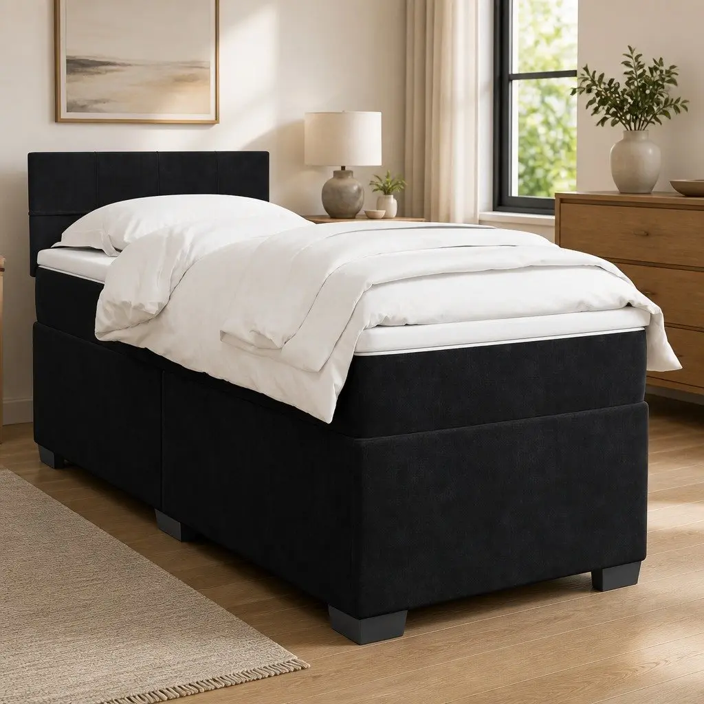 Box Spring Bed King Single with Pocket Spring Mattress Black Fabric Frame