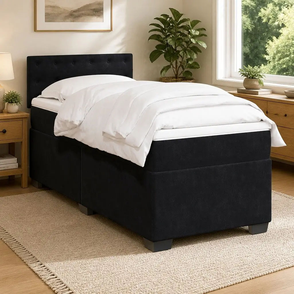 Box Spring Bed King Single Pocket Spring Mattress Black Fabric Frame Slats