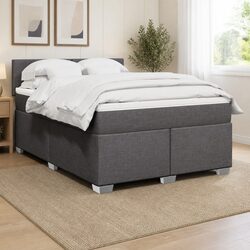 Comfortable Grey Fabric Double Box Spring Bed with Pocket Mattress