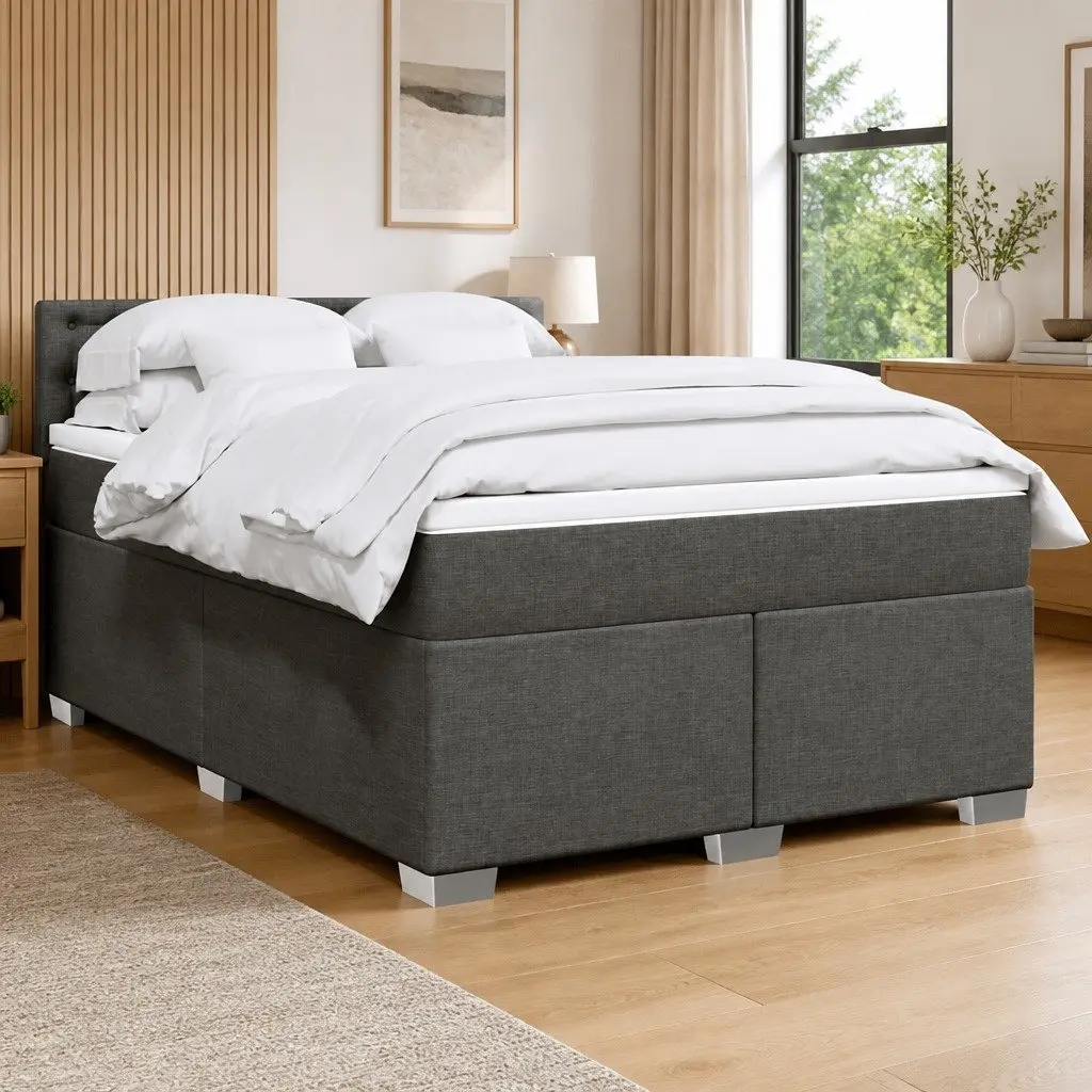 Double Box Spring Bed with Pocket Spring Mattress Black Fabric