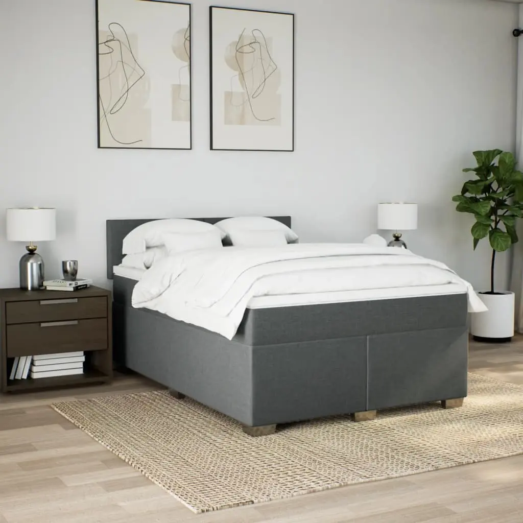 Queen Box Spring Bed with Pocket Spring Mattress Grey Fabric Frame Slats