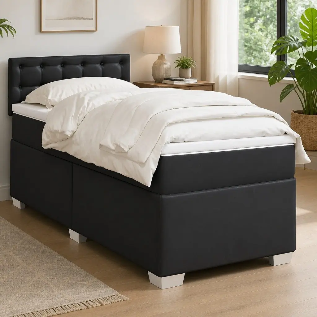 Pocket Sprung Mattress King Single Bed Frame Faux Leather Upholstered Slatted Base Black