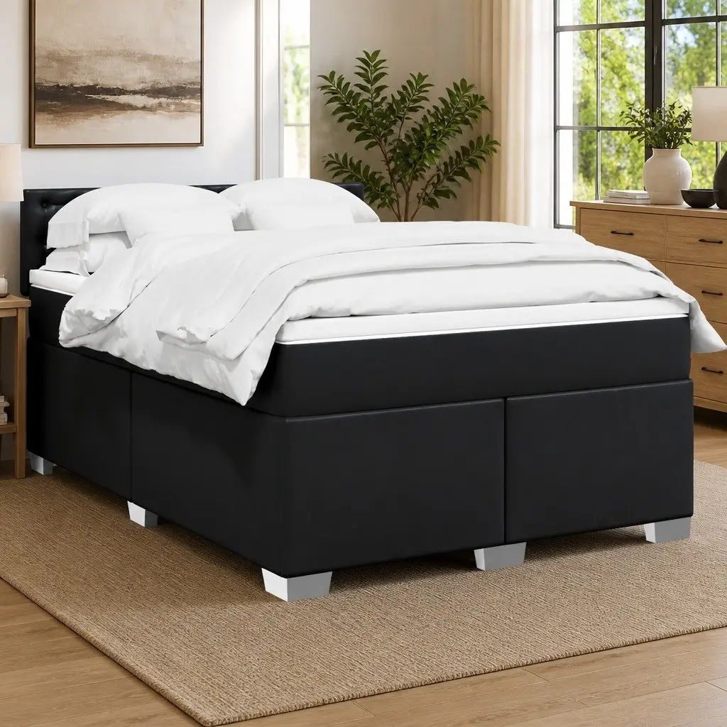 Queen Box Spring Bed Pocket Spring Mattress Faux Leather Black