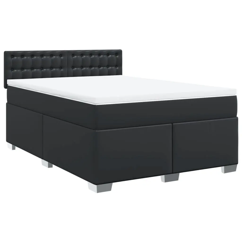 Queen Box Spring Bed Pocket Spring Mattress Faux Leather Black