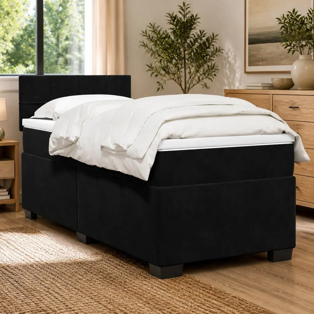 King Single Velvet Upholstered Frame Box Spring Bed with Pocket Sprung Mattress