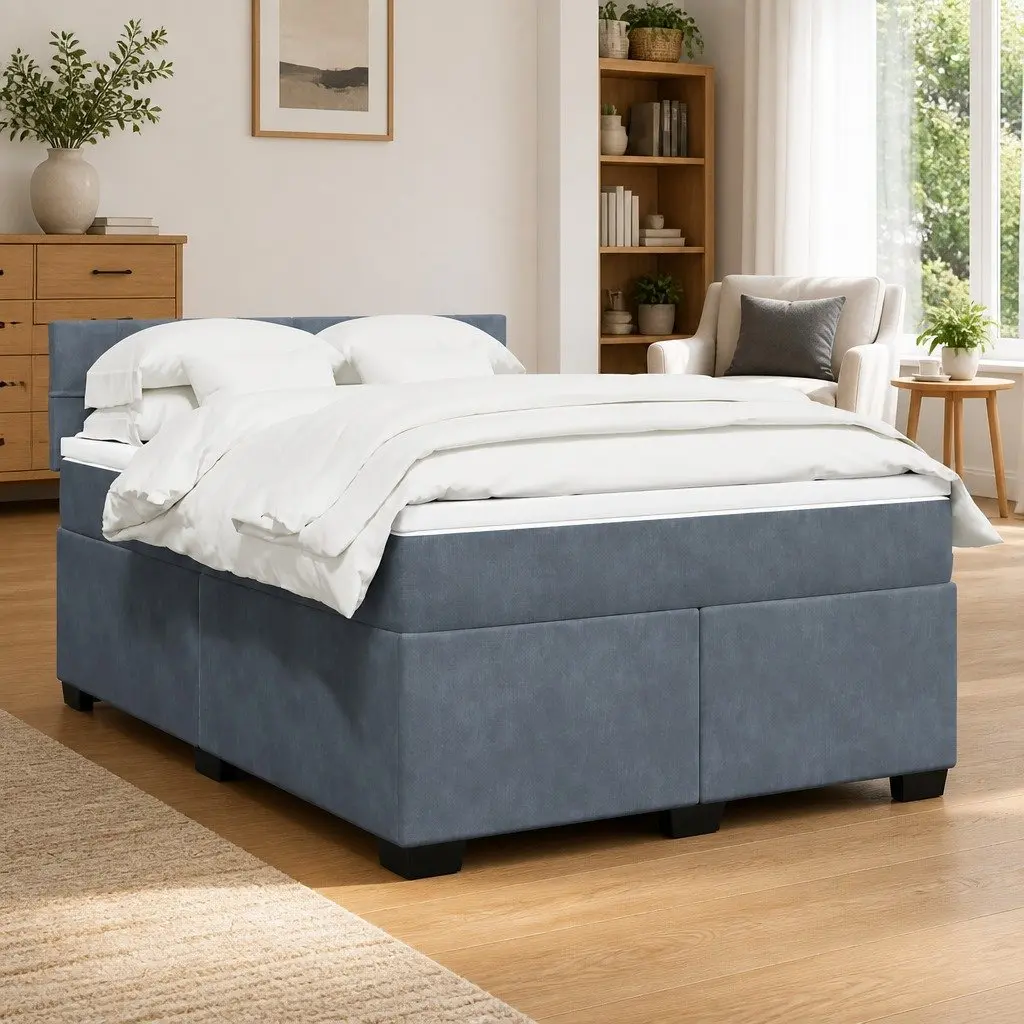 Pocket Spring Mattress Box Spring Bed Queen Size Black Velvet Upholstered Furniture