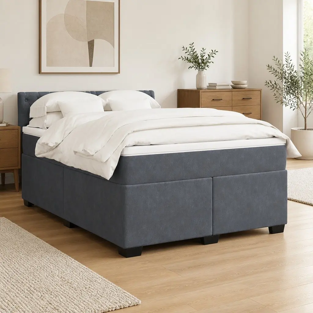 Box Spring Bed Pocket Mattress Queen Size Velvet Upholstered Frame Black