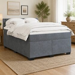 Box Spring Bed Queen Size Pocket Sprung Mattress Velvet Upholstered Frame Slats