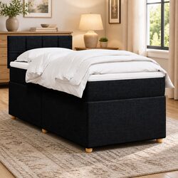 King Single Box Spring Bed with Pocket Spring Mattress Black Fabric Frame