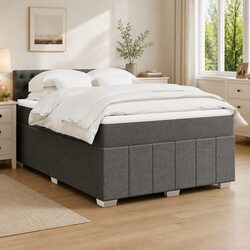 Queen Box Spring Bed with Pocket Mattress Black Fabric Bedroom Furniture Frame