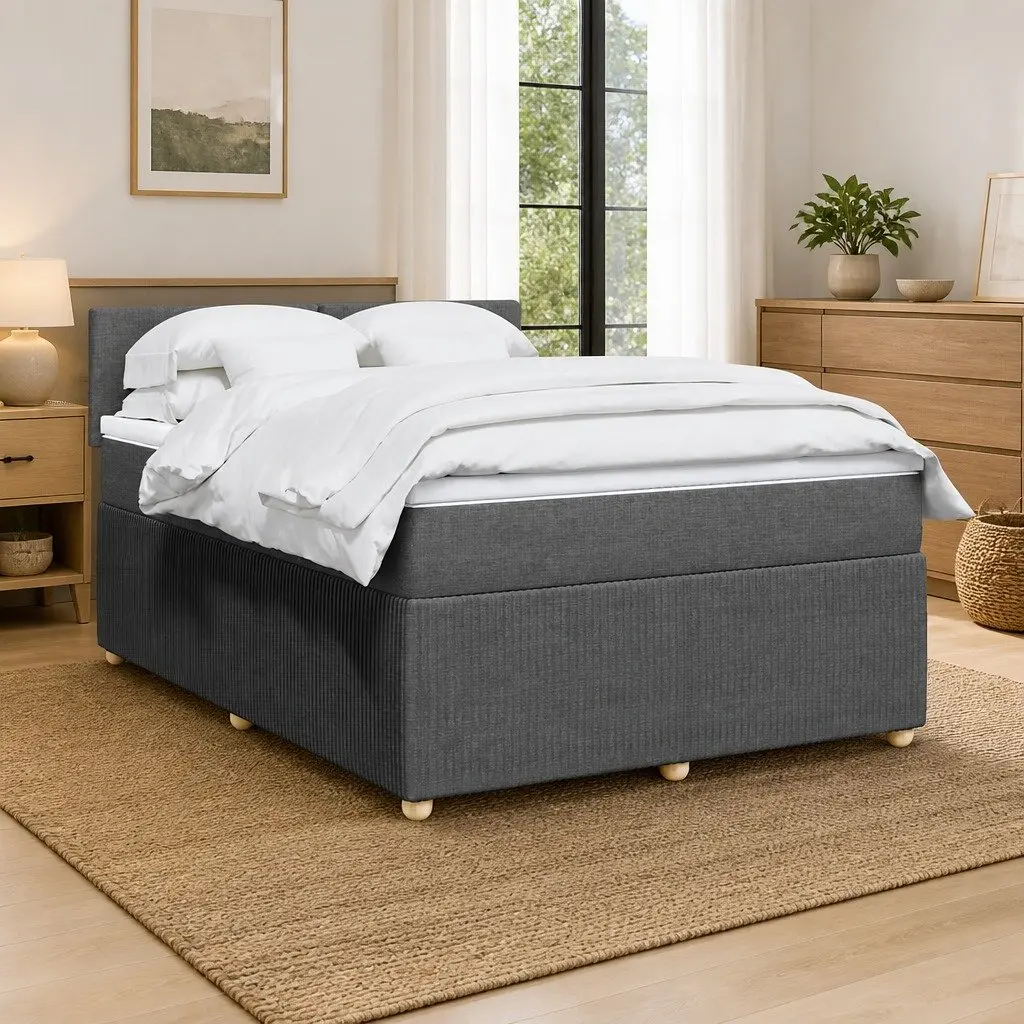 Queen Fabric Frame Bed with Pocket Spring Mattress and Removable Topper Slats Support Dark Grey