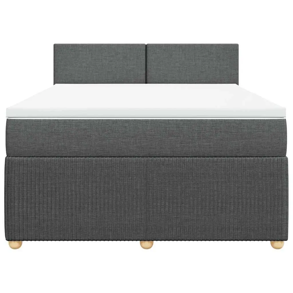Queen Fabric Frame Bed with Pocket Spring Mattress and Removable Topper Slats Support Dark Grey