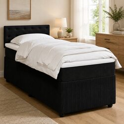 King Single Box Spring Bed with Pocket Mattress Black Velvet Sleep Frame