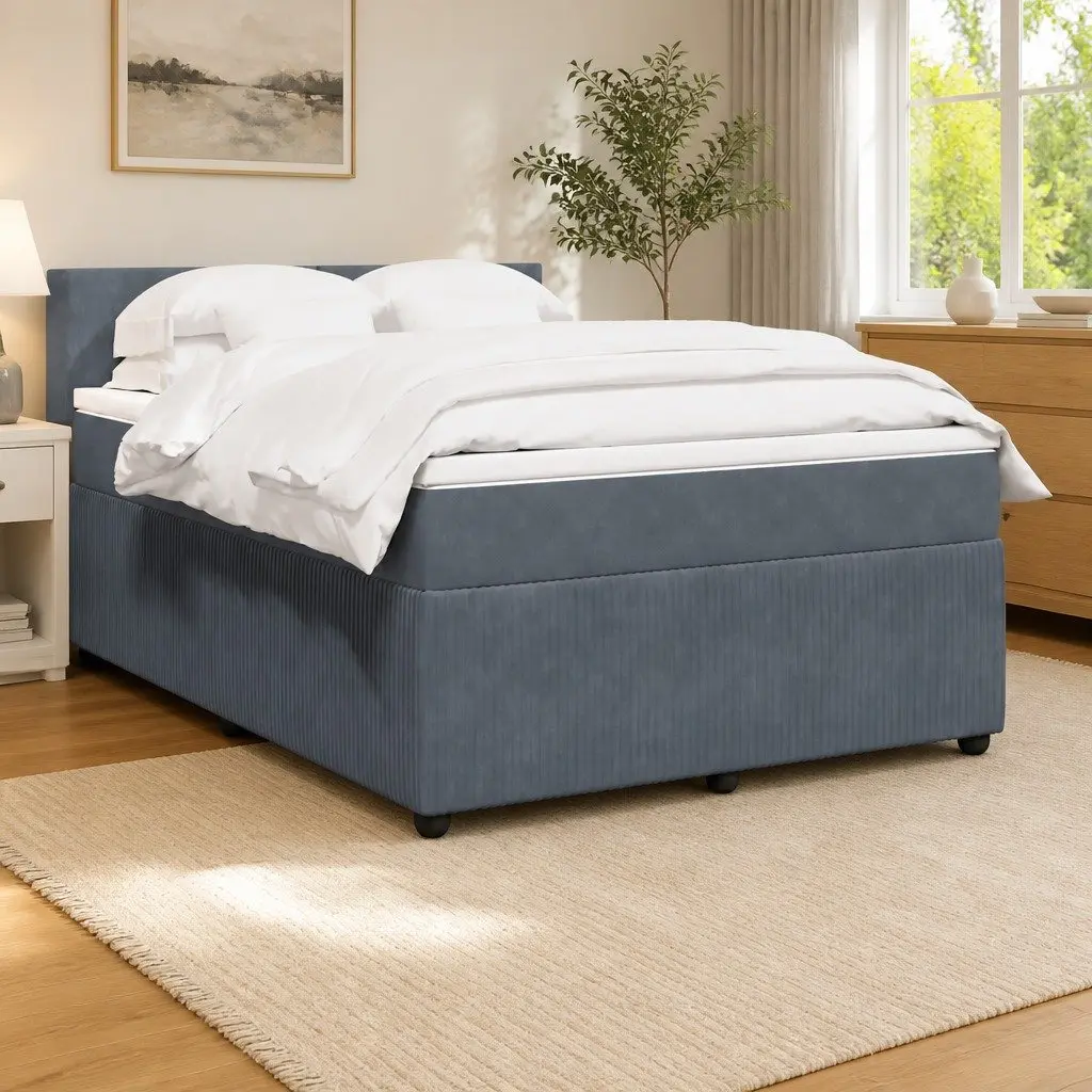 Double Box Spring Bed Pocket Mattress Grey Velvet Upholstery