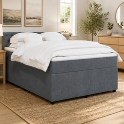 Queen Box Spring Bed with Pocket Mattress Velvet Grey Upholstered Frame Slats