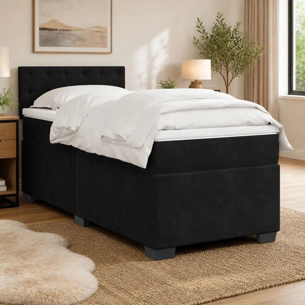 Box Spring Bed King Single Pocket Mattress Black Fabric with LED Lights