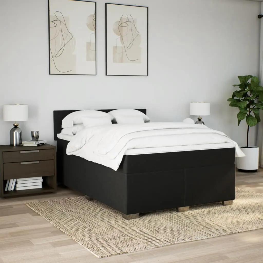 Double Box Spring Bed with Mattress Pocket Spring Black Fabric LED Lighting