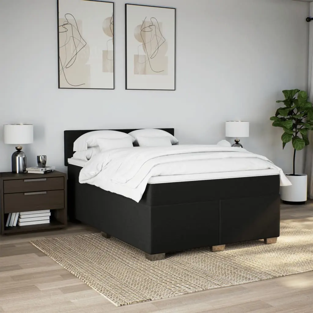Double Box Spring Bed with Mattress Black Fabric Bed Frame LED Lights Bedroom