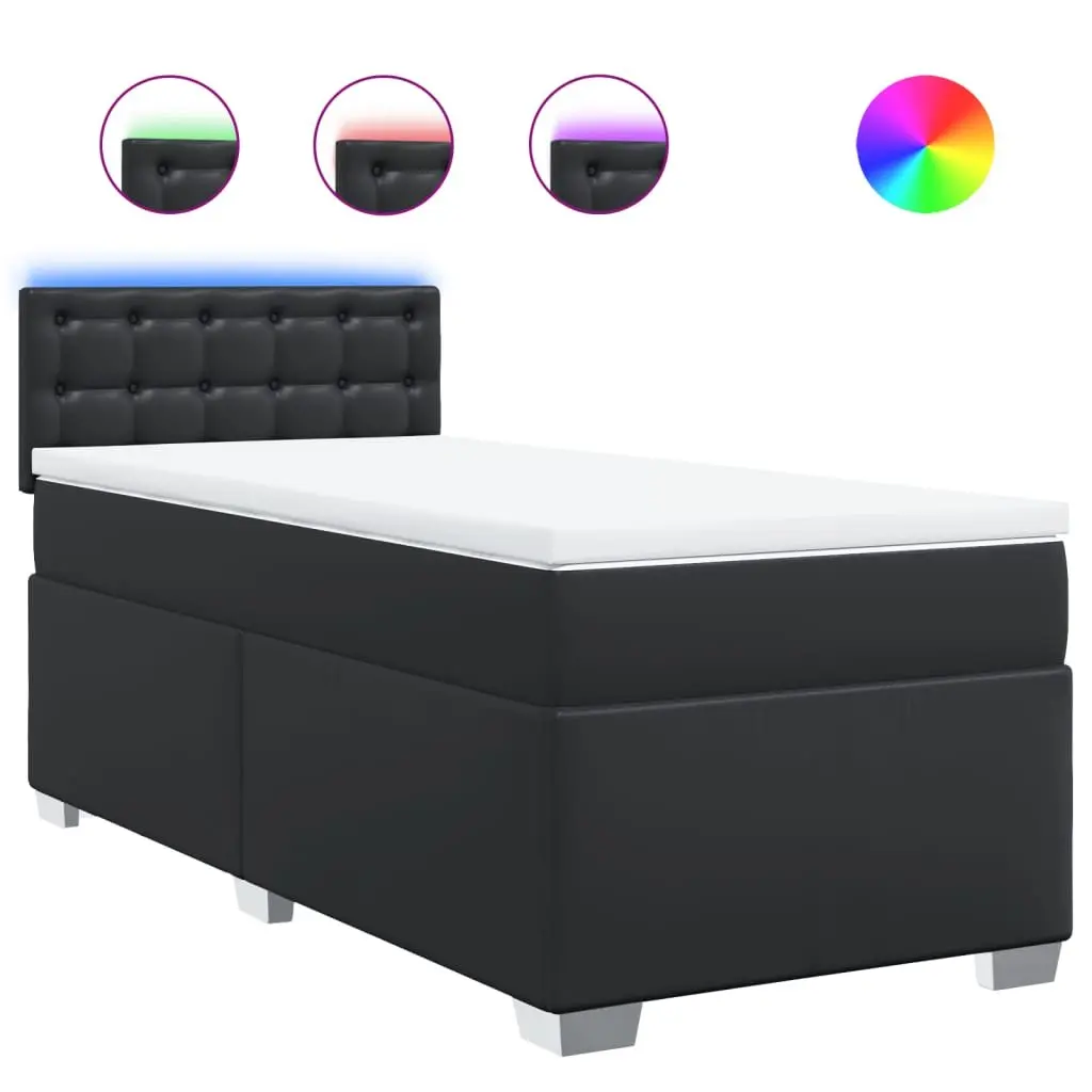 King Single Box Spring Bed Pocket Spring Mattress LED Lights Black Faux Leather