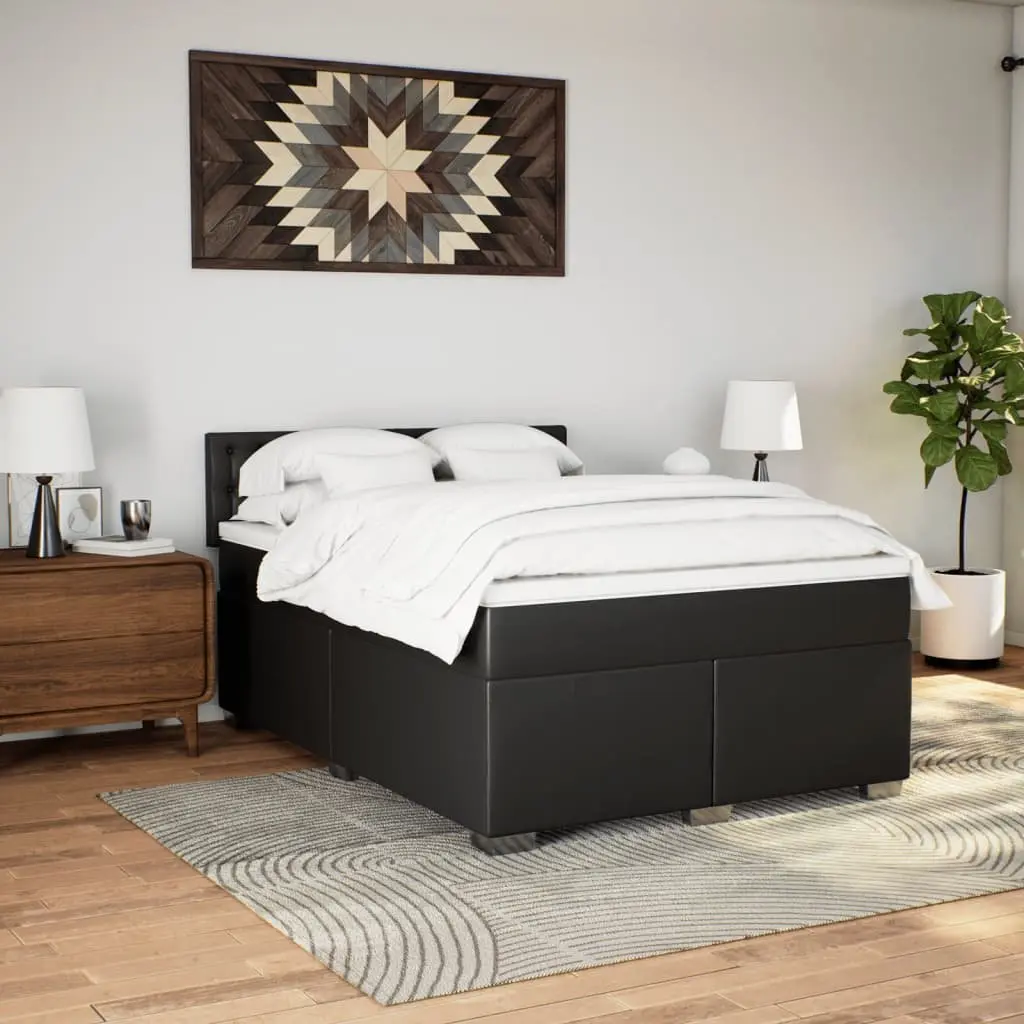 Queen Box Spring Bed with Pocket Sprung Mattress LED Lights Black Faux Leather