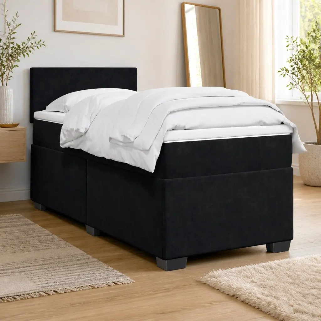 Box Spring Bed King Single Pocket Mattress Velvet Black with LED Lights
