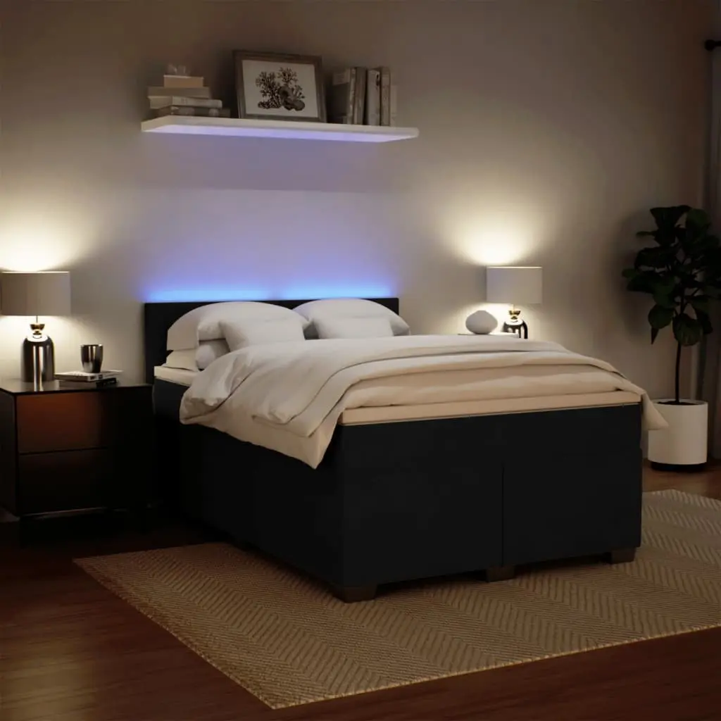 Double Box Spring Bed Pocket Spring Mattress Black Velvet Adjustable LED Lights