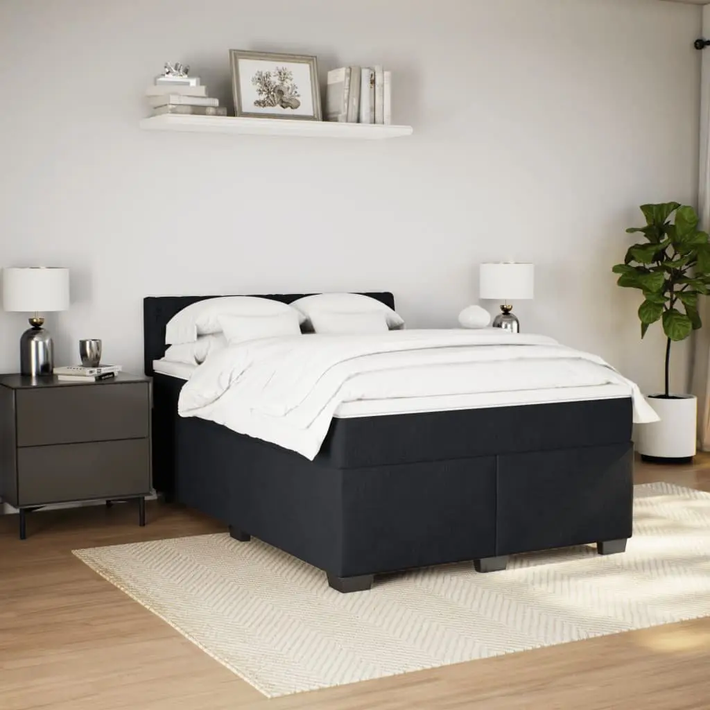 Double Box Spring Bed with Mattress Black Velvet LED Lights Bedroom Furniture