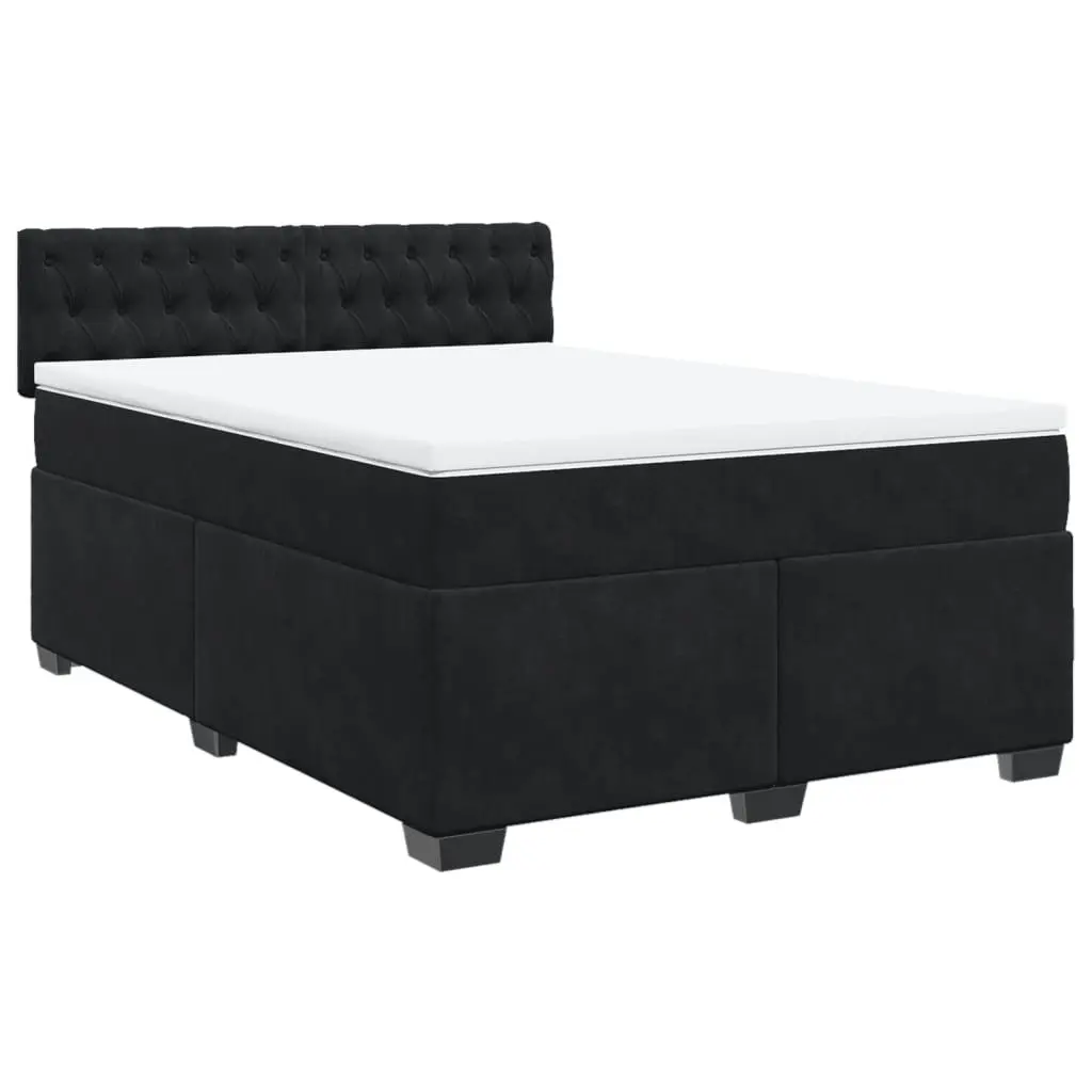 Double Box Spring Bed with Mattress Black Velvet LED Lights Bedroom Furniture