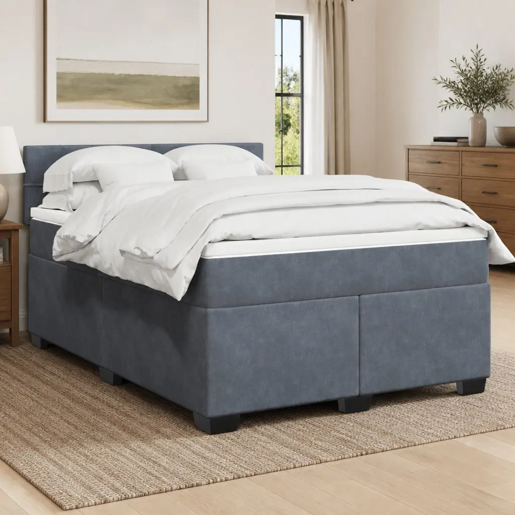 Queen Box Spring Bed Pocket Spring Mattress Velvet Upholstery LED Lights Grey