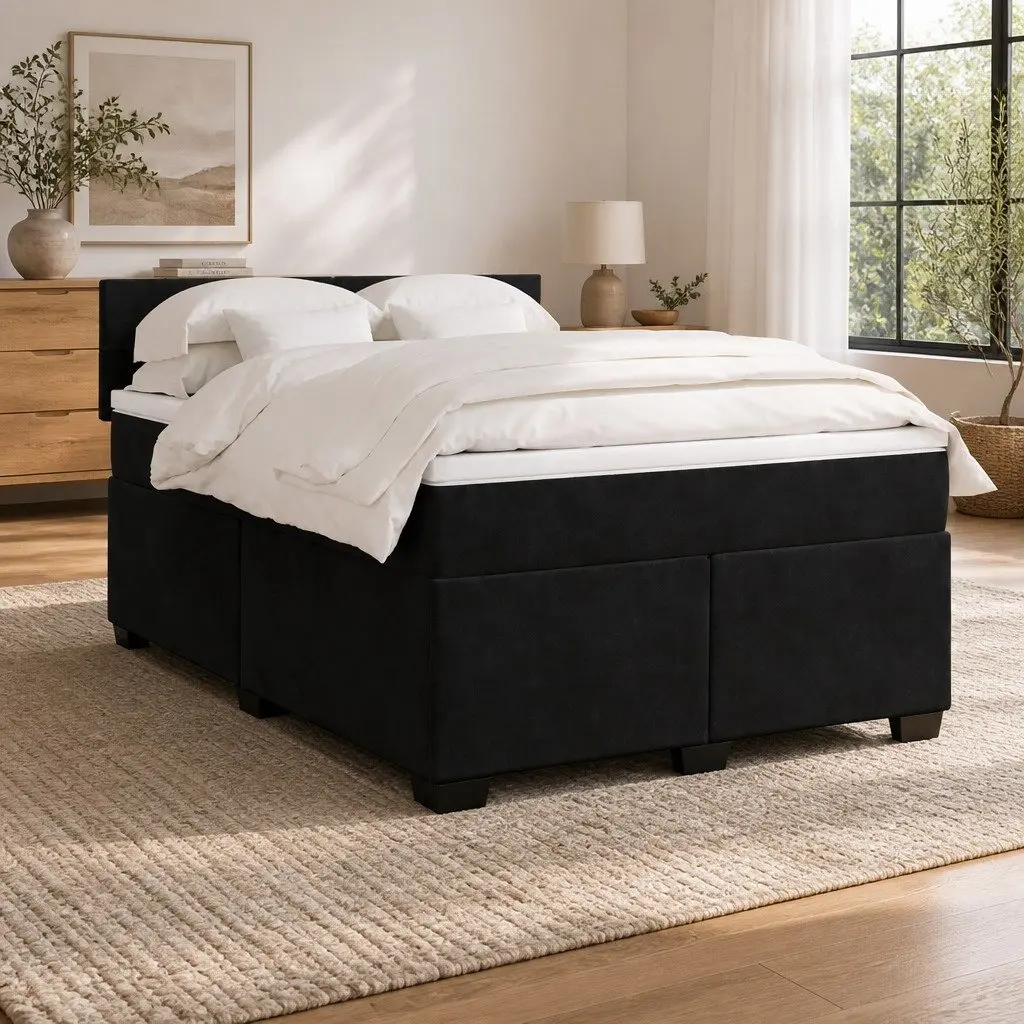 Queen Box Spring Bed Pocket Spring Mattress Velvet Black with LED Lights