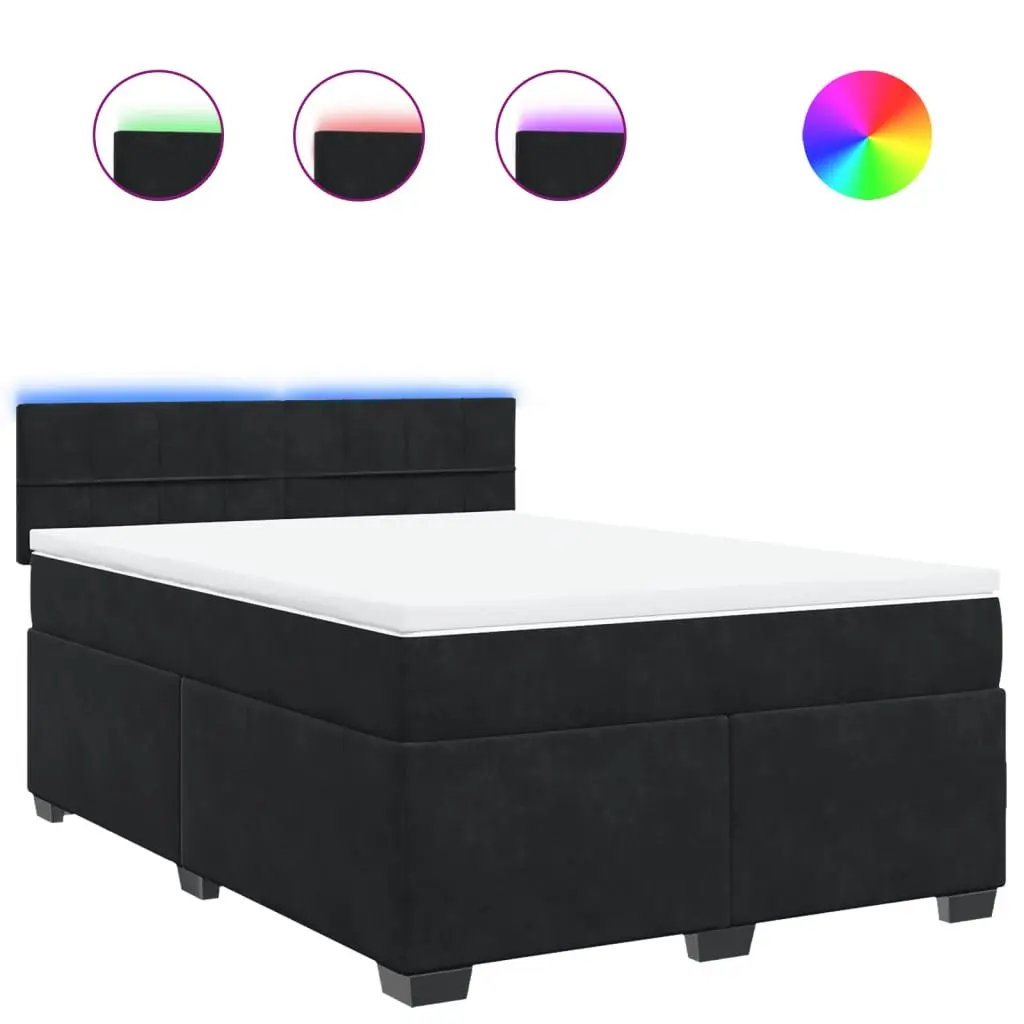 Queen Box Spring Bed Pocket Spring Mattress Velvet Black with LED Lights
