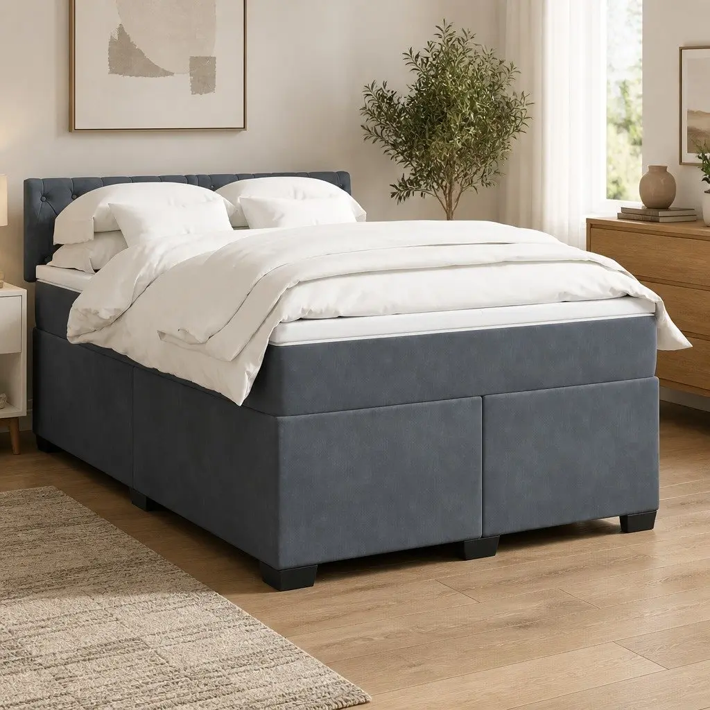 Queen Box Spring Bed Pocket Spring Mattress LED Lights Dark Grey Velvet