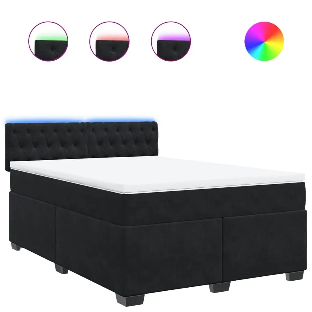 Queen Size Box Spring Bed with Pocket Spring Mattress LED Lights Black Velvet