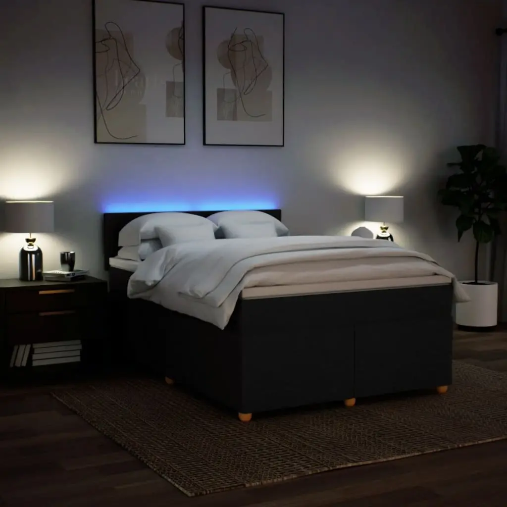 Double Box Spring Bed with Mattress Black Fabric LED Lights