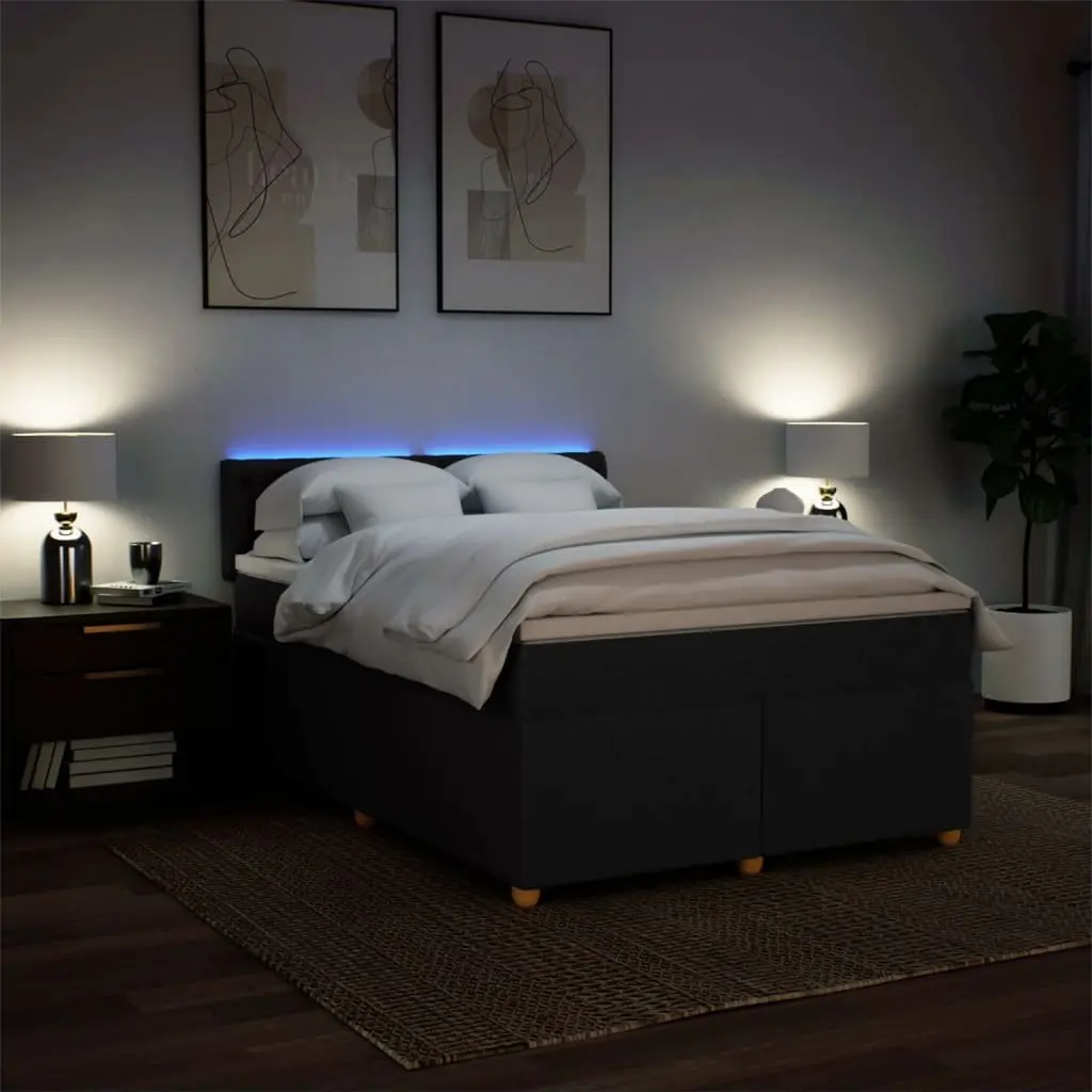 Double Box Spring Bed Pocket Sprung Mattress LED Lights Black Fabric