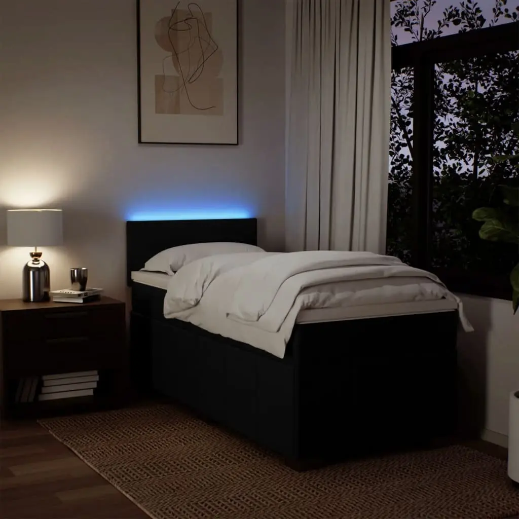 King Single Box Spring Bed with Pocket Mattress LED Lights Black Fabric
