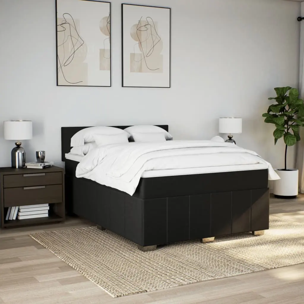 Double Box Spring Bed Pocket Spring Mattress Adjustable LED Lights Black Fabric Frame