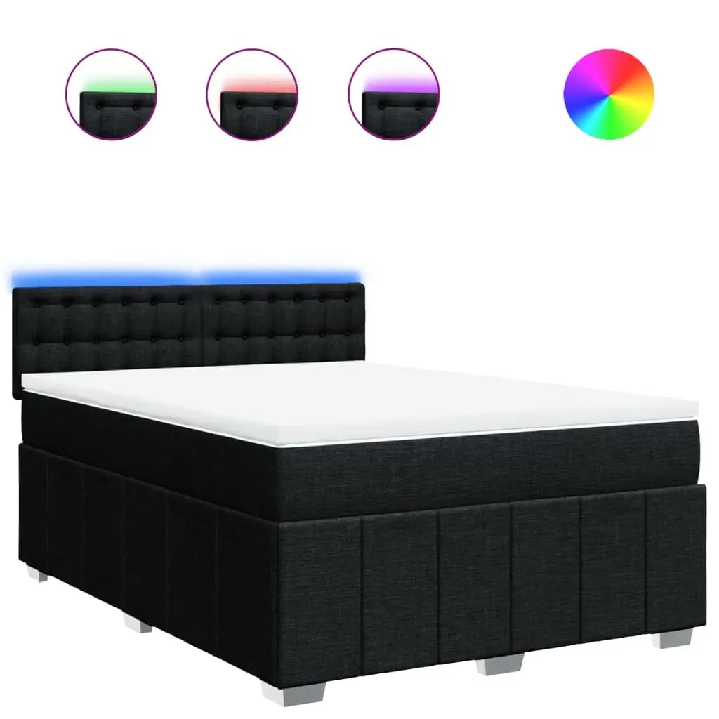 Double Box Spring Bed Pocket Mattress LED Lights Black Fabric