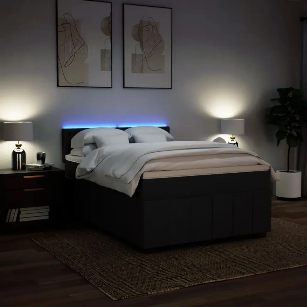Double Box Spring Bed Pocket Mattress LED Lights Black Fabric