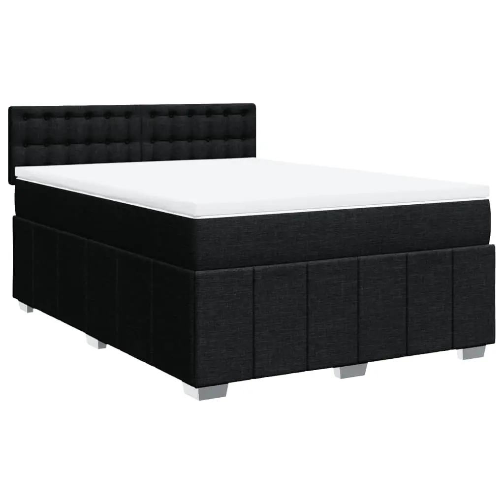 Double Box Spring Bed Pocket Mattress LED Lights Black Fabric