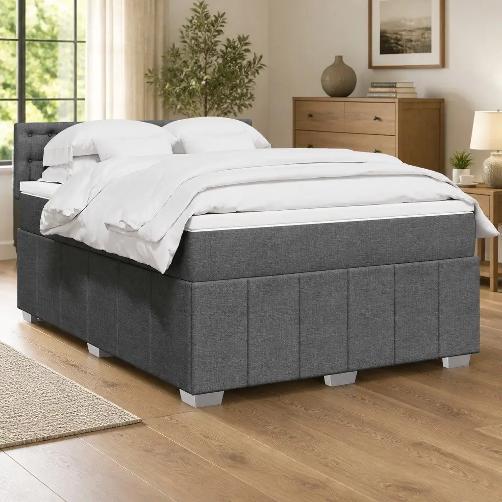 Queen Box Spring Bed Pocket Spring Mattress LED Lights Grey Fabric