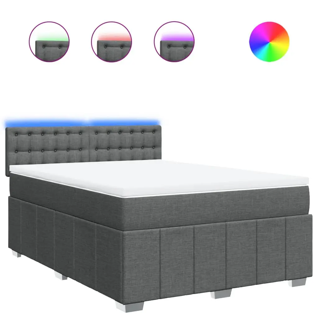 Queen Box Spring Bed Pocket Spring Mattress LED Lights Grey Fabric