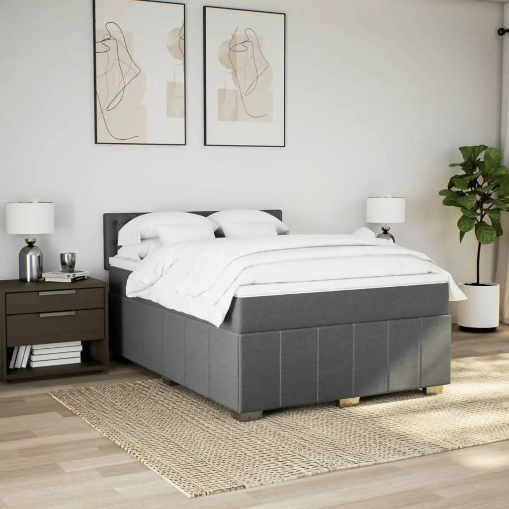 Queen Box Spring Bed Pocket Spring Mattress LED Lights Grey Fabric
