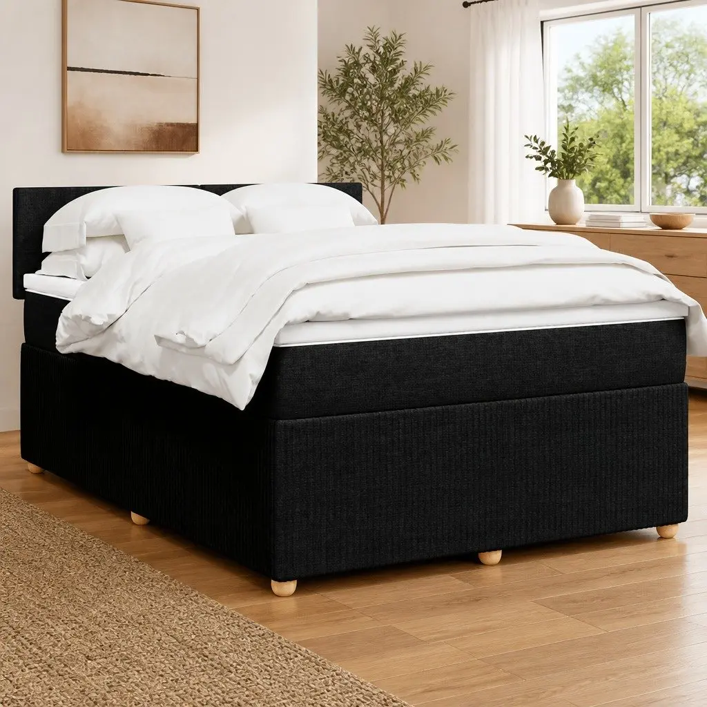 Double Box Spring Bed with Mattress and Topper Black Fabric Double Bed Frame with LED Lights