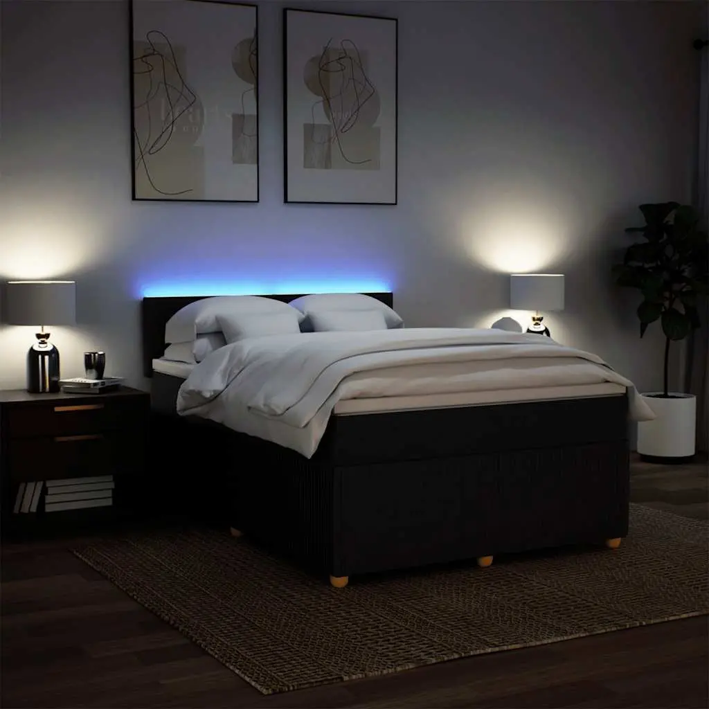 Double Box Spring Bed with Mattress and Topper Black Fabric Double Bed Frame with LED Lights